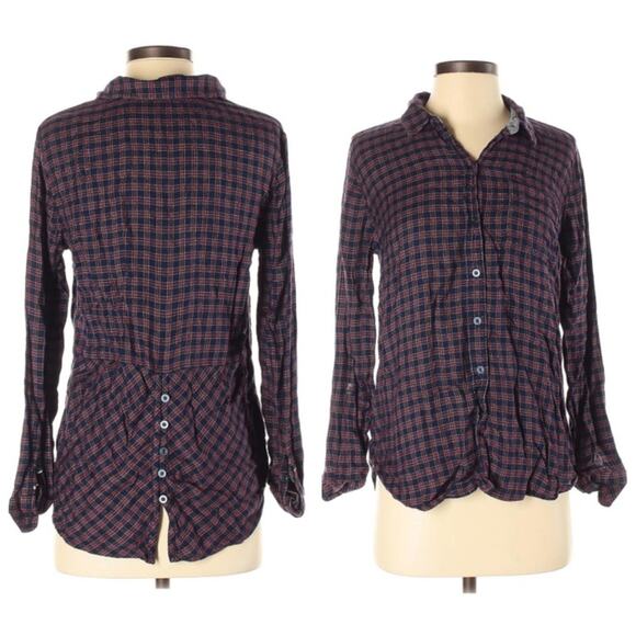 Lucky Brand size small Bungalow burgundy red navy plaid buttoned tuxedo back - Picture 1 of 4